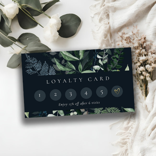 Navy Leafy Tropical Foliage Fern 6 Punch Loyalty Business Invitations