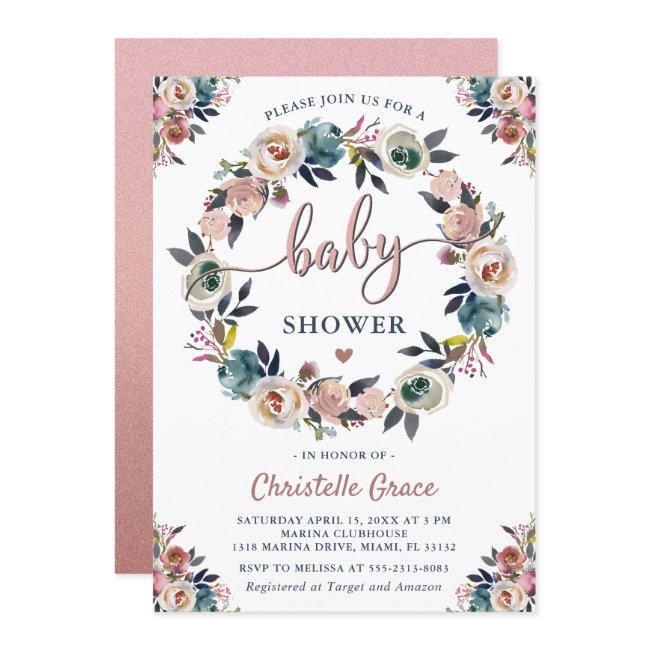 Navy Pink Floral Wreath Gender Neutral Baby Shower Invitation