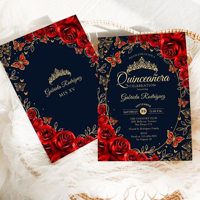 Navy Red Gold Quinceanera Invitation
