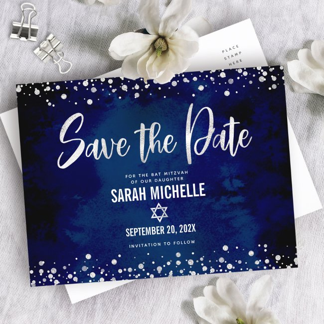 Navy Silver Bat Mitzvah Save Date Modern Script Invitation Postinvitations