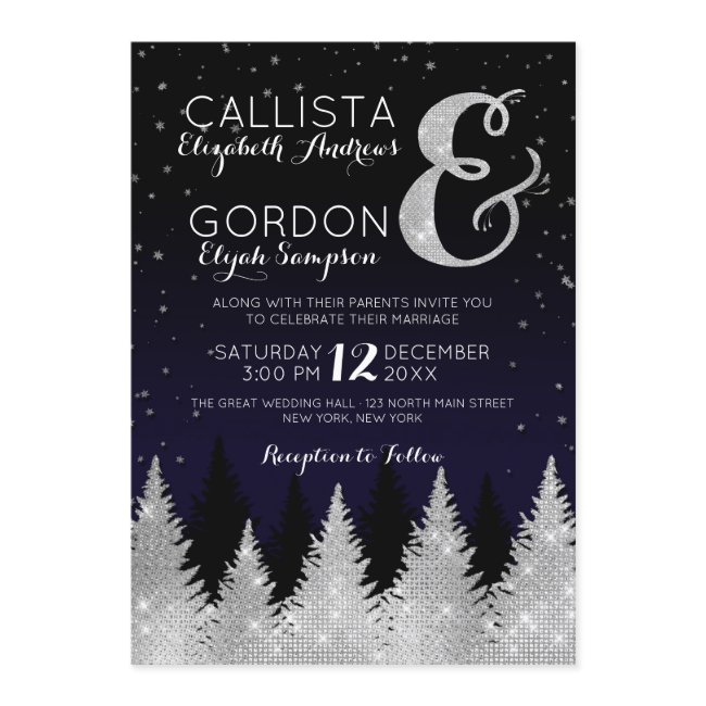 Navy Silver Glitter Tree Winter Wonderland Wedding Invitation