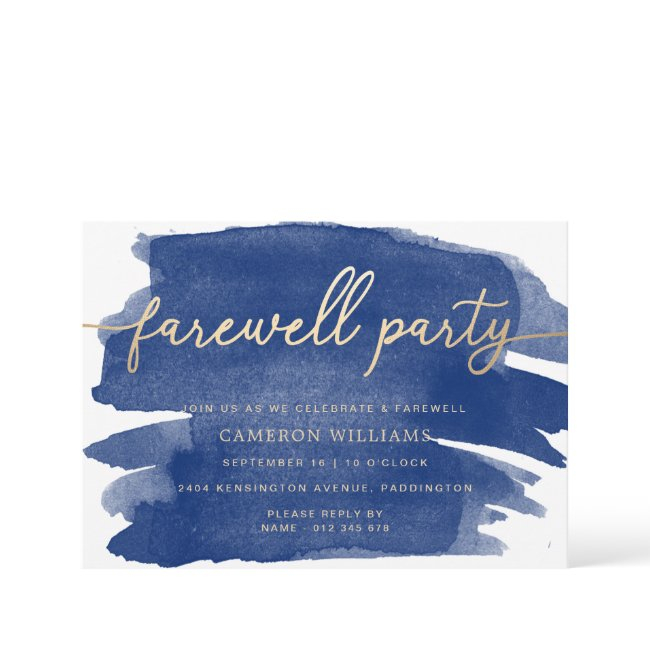 Navy Watercolour Gold Farewell Party Invitation