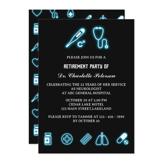 Neon Blue Medical Element Doctor Retirement Party Invitation