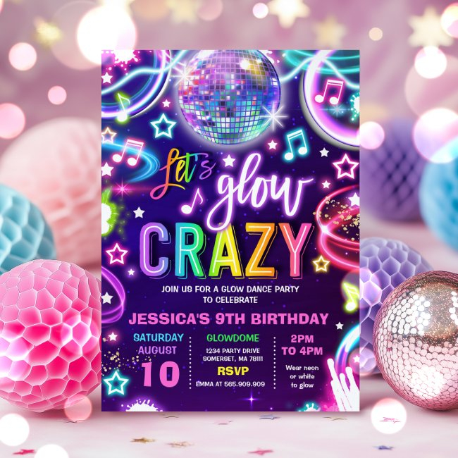 Neon Glow Crazy Disco Dance Birthday Party Invitation