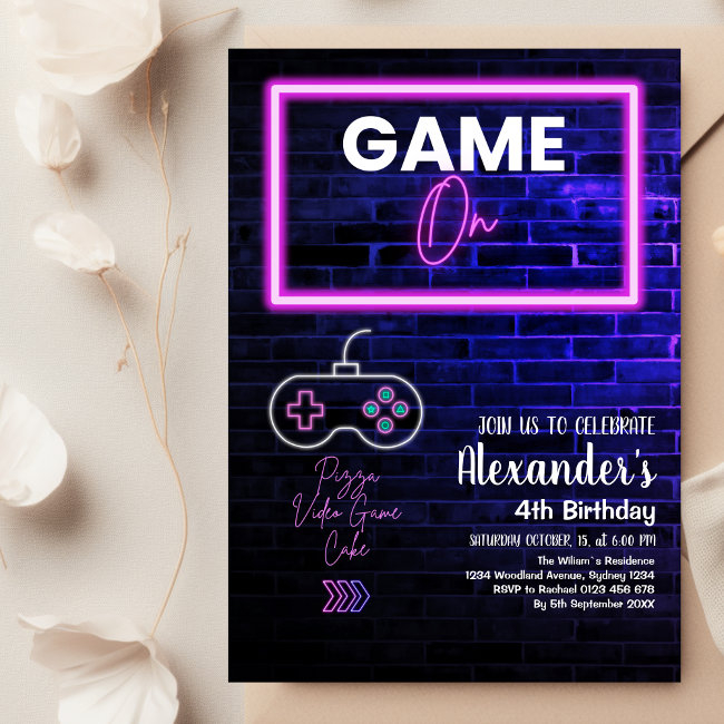 Neon Glow Retro Arcade Gaming Birthday Party Invitation