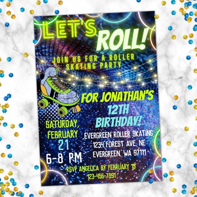 Neon Green Blue Boy Lets Roll Roller Skating Party Invitation