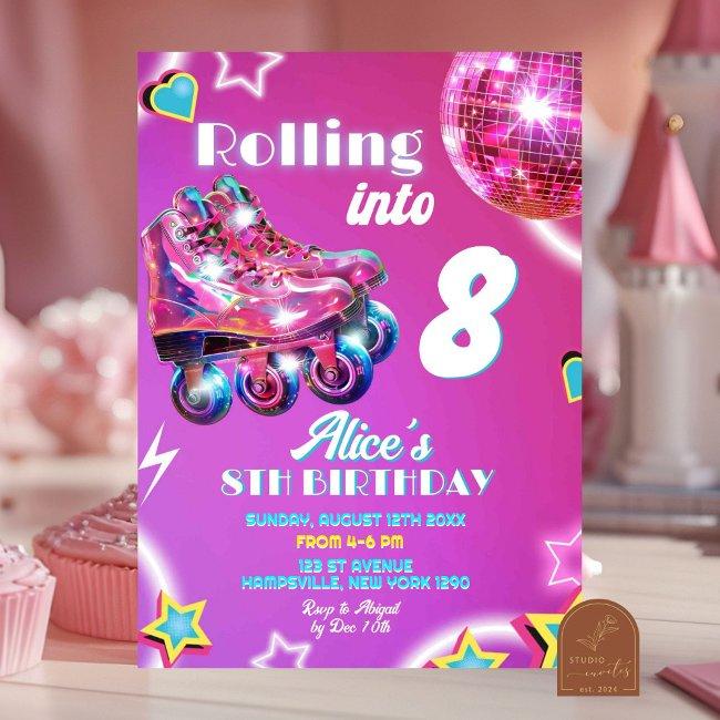 Neon Pink Purple Girl Skate Disco Ball Birthday Invitation