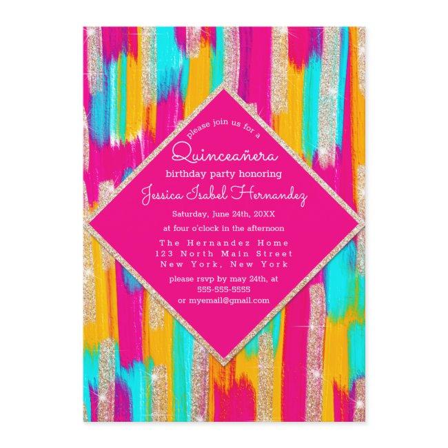Neon Pink Teal Gold Glitter Paint Quinceañera Invitation