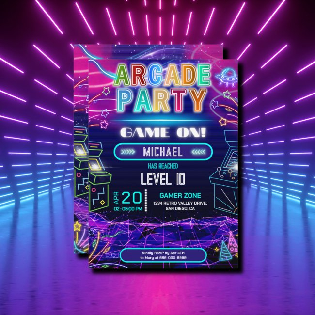 Neon Retro Video Arcade Gaming Birthday Party Invitation
