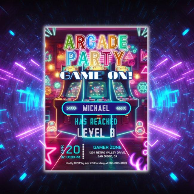 Neon Retro Video Arcade Gaming Birthday Party Invitation