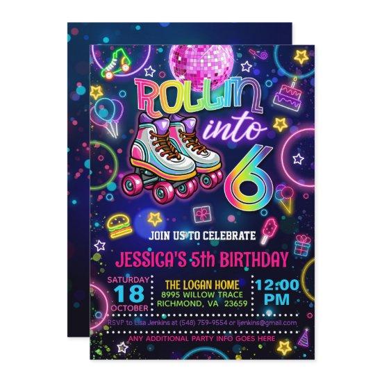 Neon Roller Skate 6th Birthday Invitation