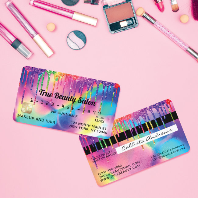Neon Unicorn Holographic Glitter Drips Credit Business Invitations