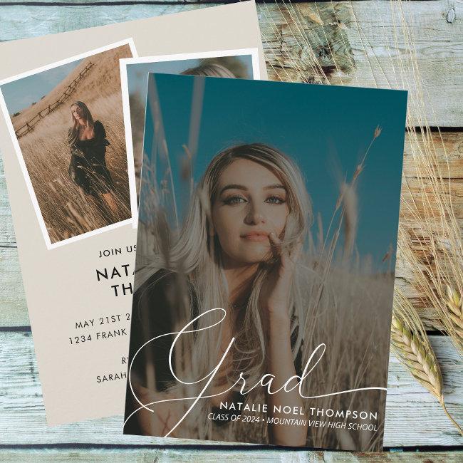 Neutral Boho Photo Modern Script Graduation Party Invitation