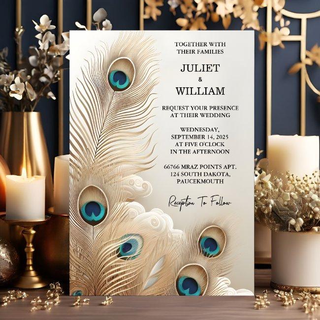New Feather Rustic Asian Sky Cloud Peacock Wedding Invitation