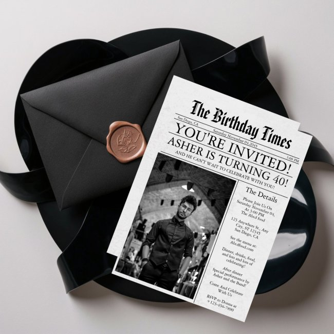 Newspaper Unique Fun 40th Birthday Photo Party Invitation