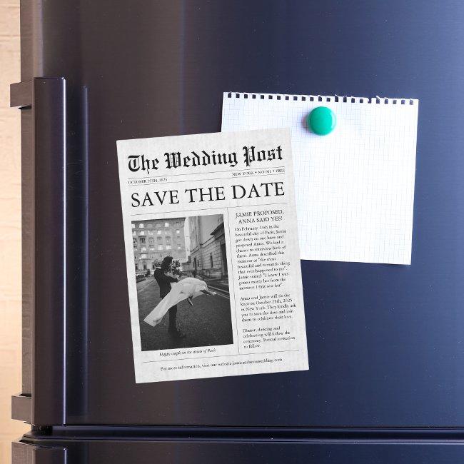 Newspaper Unique Fun Photo Save The Date Wedding Magnetic Invitation