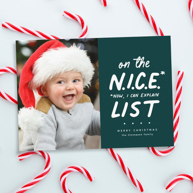Nice List Funny Cute One Photo Green Christmas Holiday Invitations