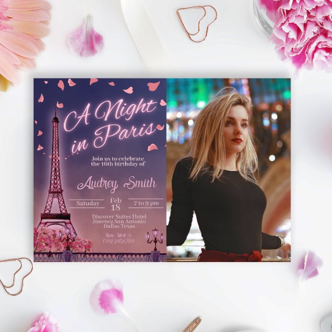 Night In Paris - Birthday With Photo Invitation