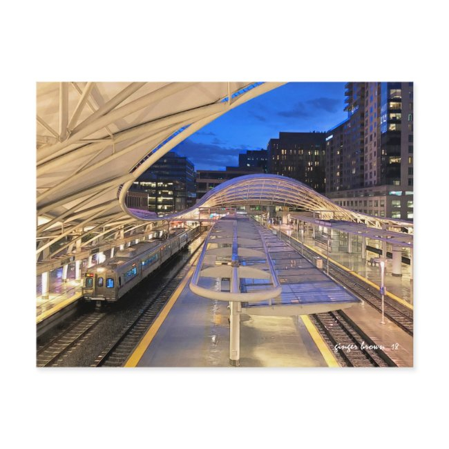 Night Time Union Station With A-line Train To Dia Postinvitations