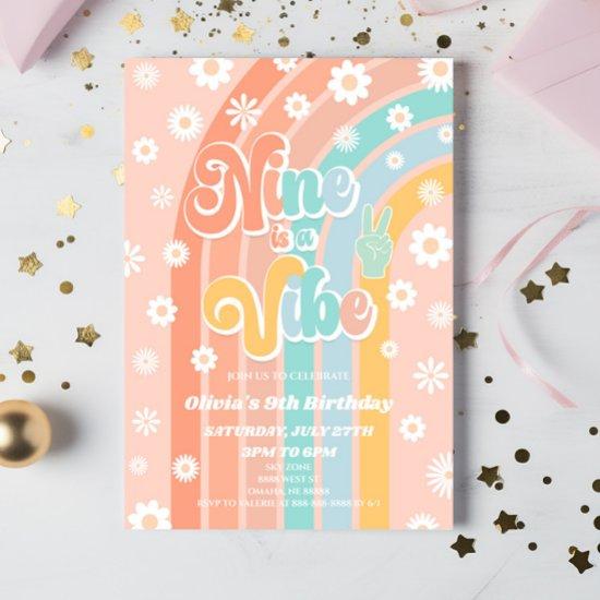 Nine Is A Vibe Rainbow Daisy 9th Birthday Party Invitation