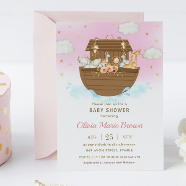 Noah's Ark Cute Animals Pink Girl Baby Shower Invitation