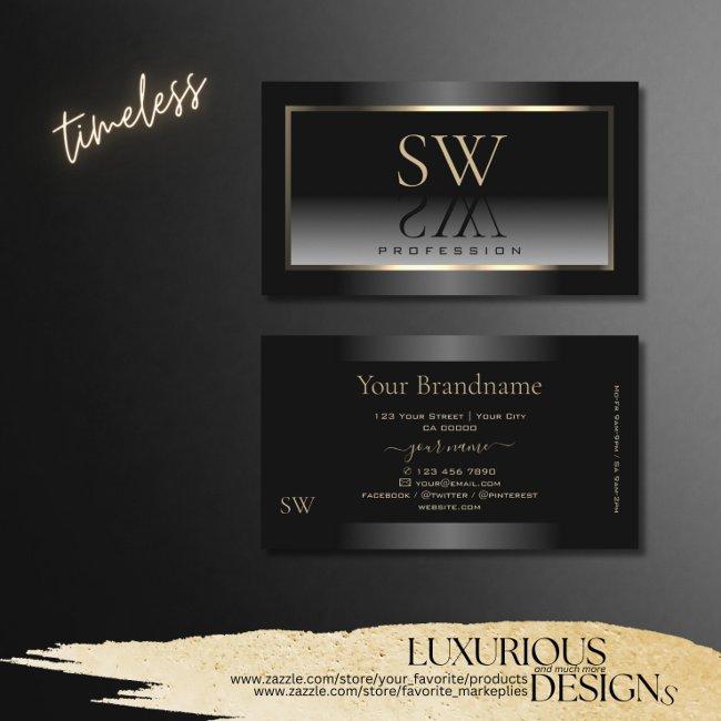Noble Black And White Gradient Monogram Light Gold Business Invitations