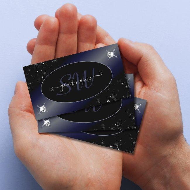 Noble Black Blue Glitter Stars Diamonds Initials Business Invitations