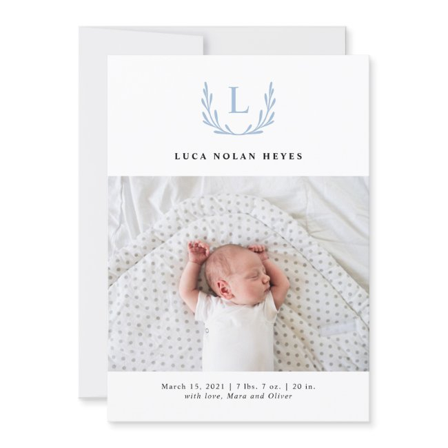 Noble Blue Monogram Wreath Birth Announcement
