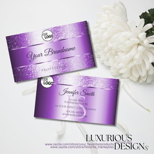 Noble Purple Sparkle Glitter Stars Monogram Logo Business Invitations