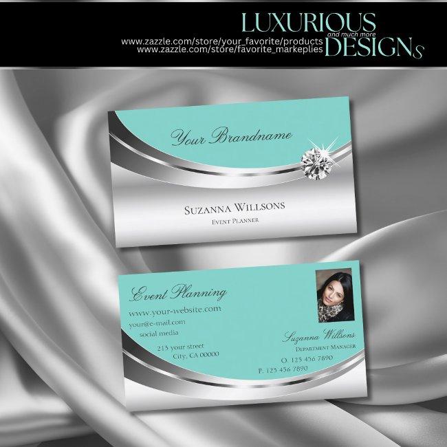 Noble Silver Teal With Photo And Sparkling Diamond Business Invitations