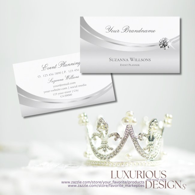 Noble White Silver Decorated With Sparkly Jewel Business Invitations