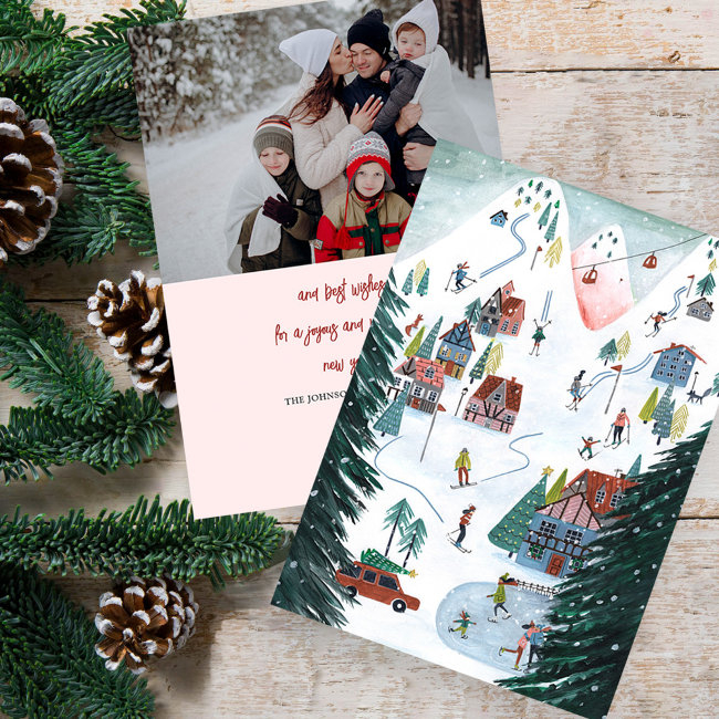 Nordic Ski Lodge Skating Christmas Family Photo Holiday Invitations