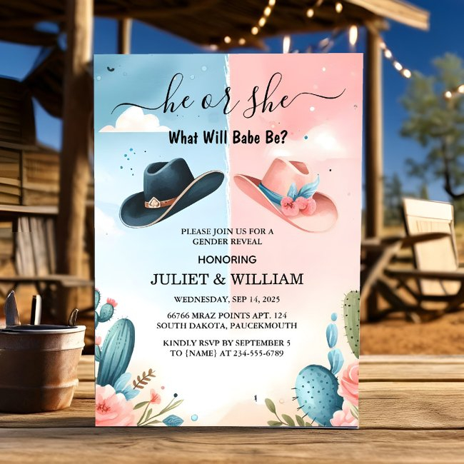 Of Fun Barn Hat Farm Film Usa Cowboy Gender Reveal Invitation
