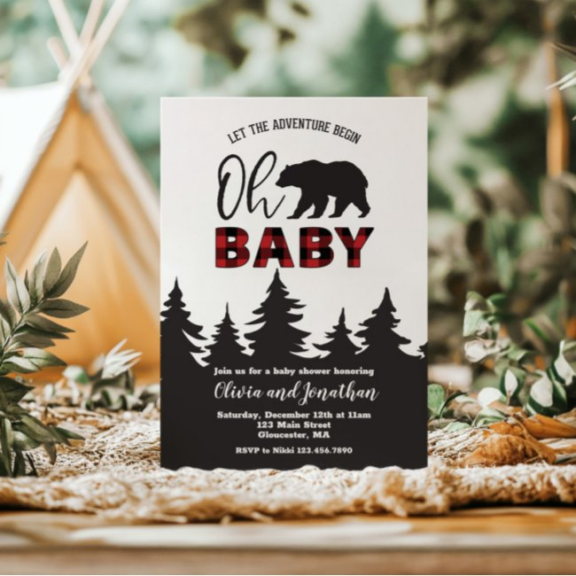 Oh Baby Bear Red Buffalo Plaid Baby Shower Invitation