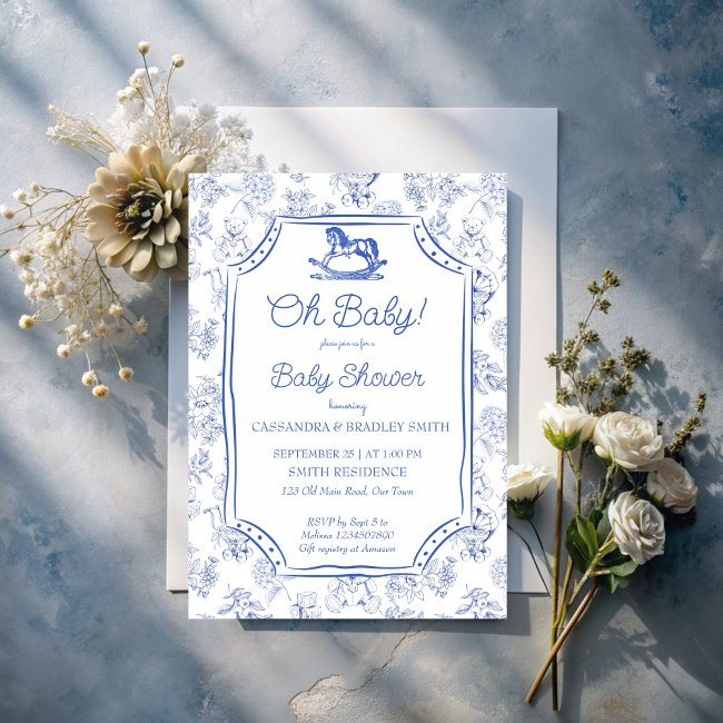 Oh Baby Blue Rocking Horse Sketch Baby Shower Invitation