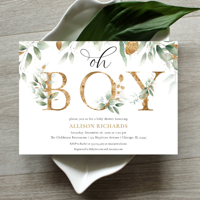Oh Boy Elegant Simple Greenery Gold Baby Shower Invitation