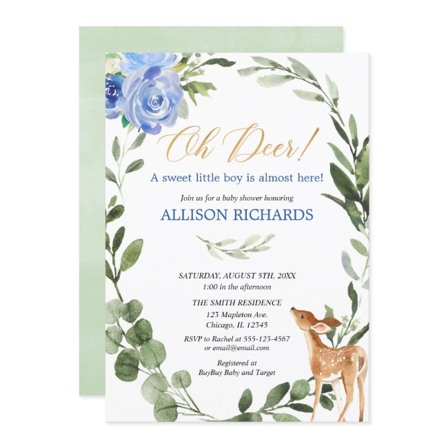 Oh Deer Blue Gold Eucalyptus Boy Baby Shower Invitation
