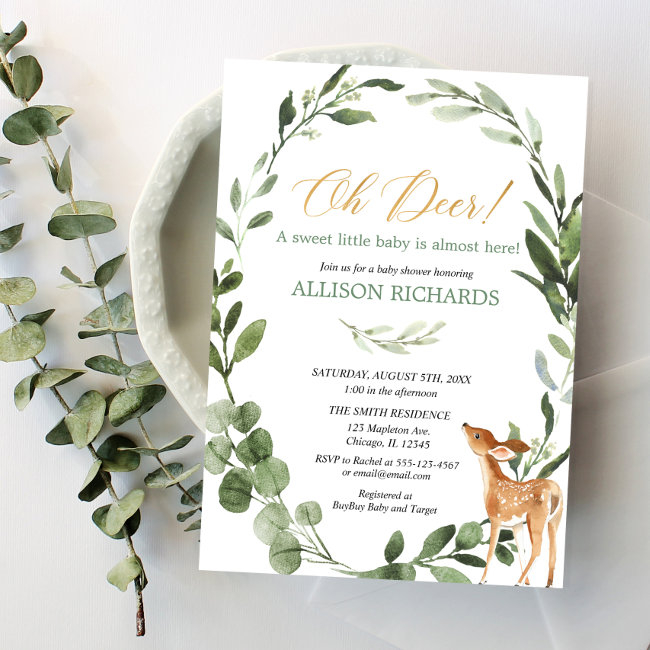 Oh Deer Gender Neutral Greenery Gold Baby Shower Invitation