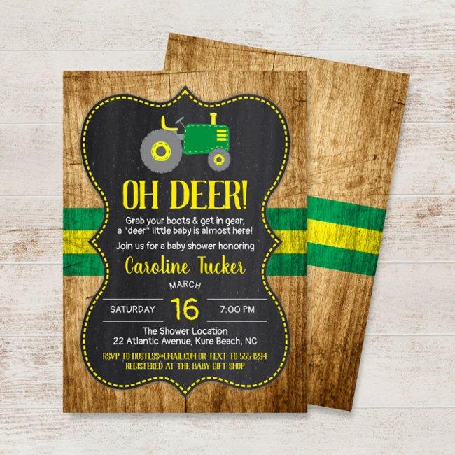 Oh Deer Green Tractor Baby Shower Invitation