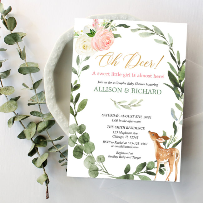Oh Deer Pink Gold Couples Girl Baby Shower Invitation