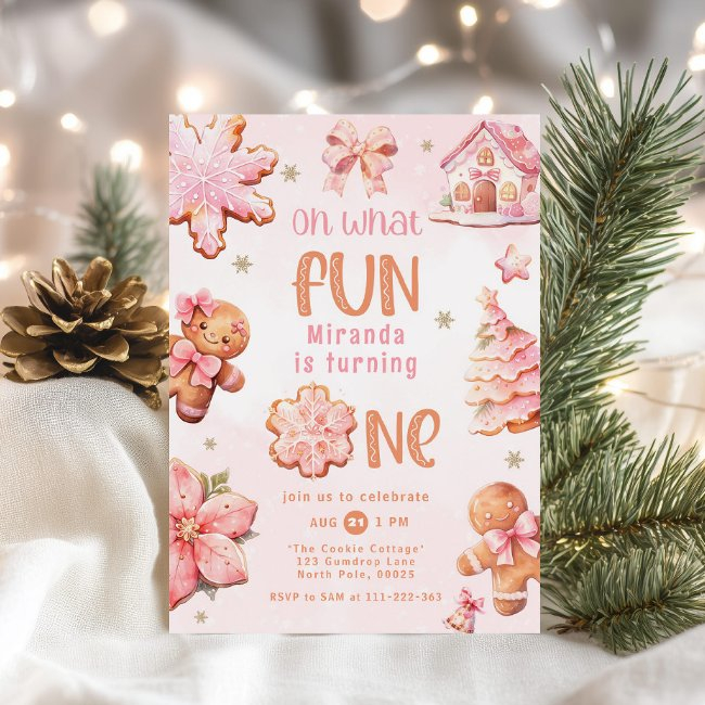Oh What Fun Pink Christmas 1st Birthday Invitation