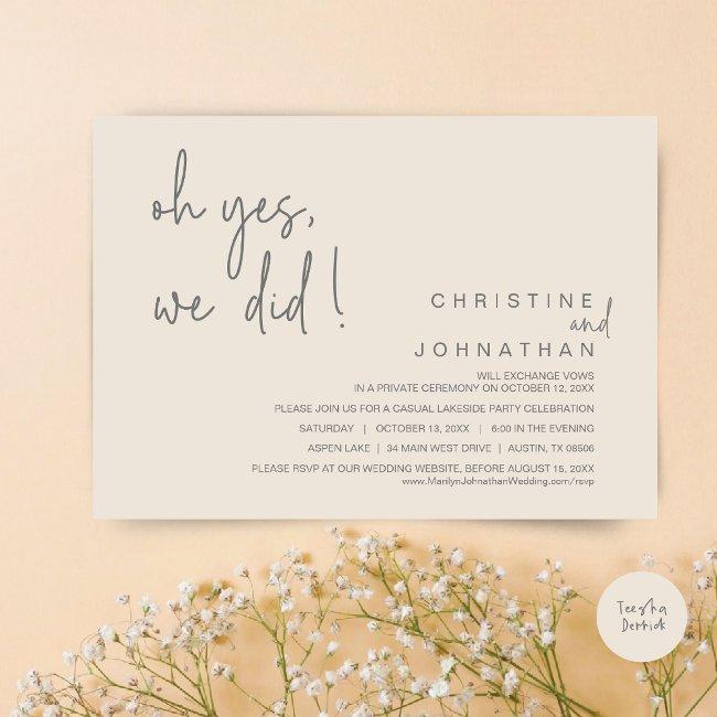 Oh Yes, We Did, Wedding Elopement, Cream And Grey Invitation