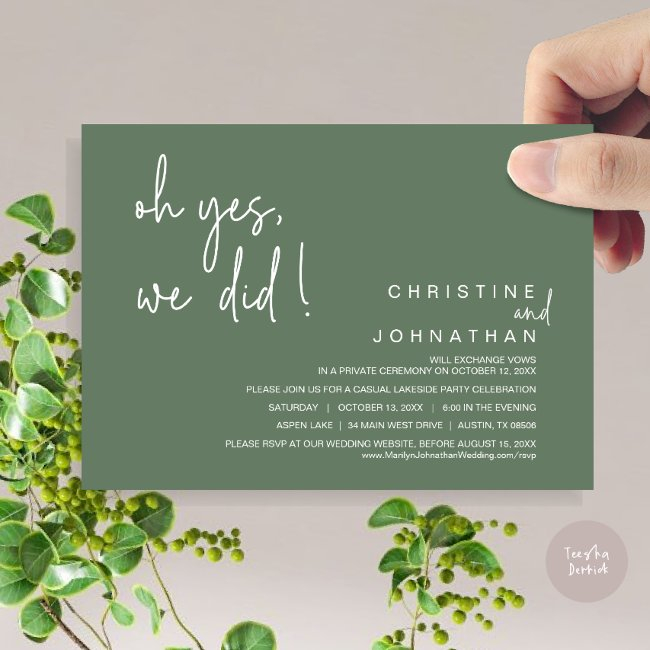 Oh Yes, We Did, Wedding Elopement, Sage Green Invitation