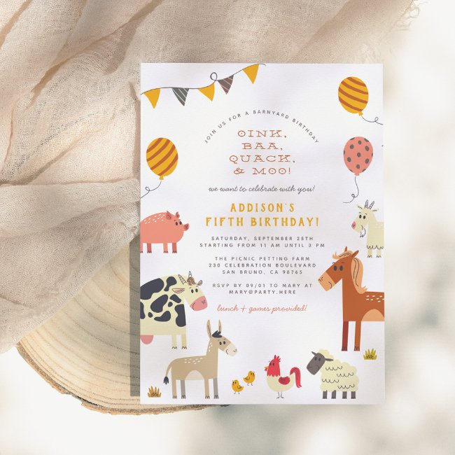 Oink Baa Quack Moo Cute Farm Animals Birthday Invitation