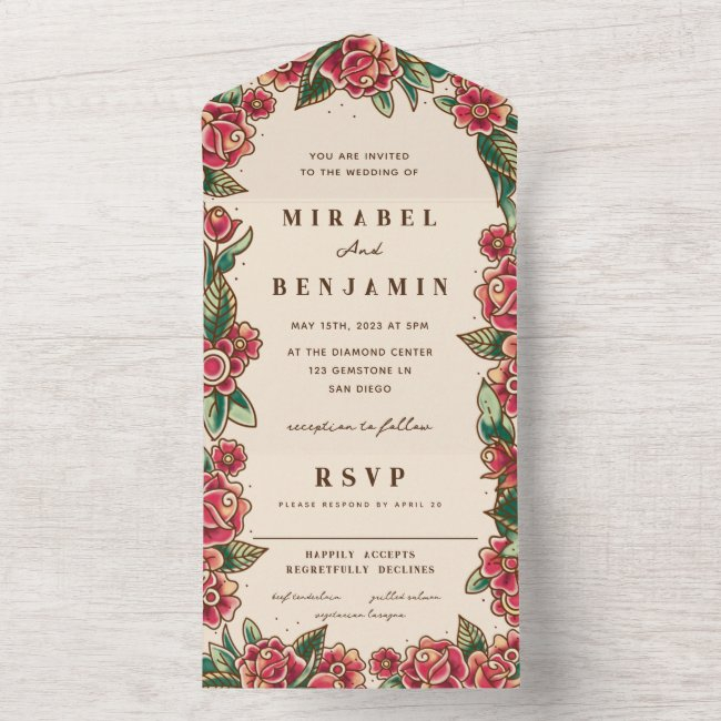 Old School Rose Tattoo Art All In One Invitation