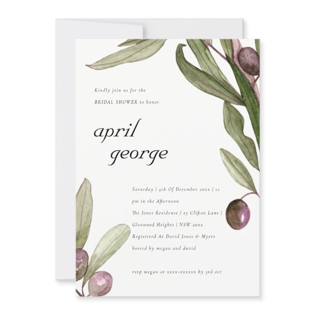 Olive Watercolor Foliage Bridal Shower Invite