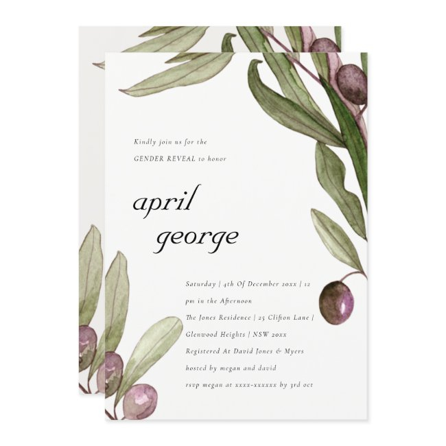 Olive Watercolor Foliage Gender Reveal Invite