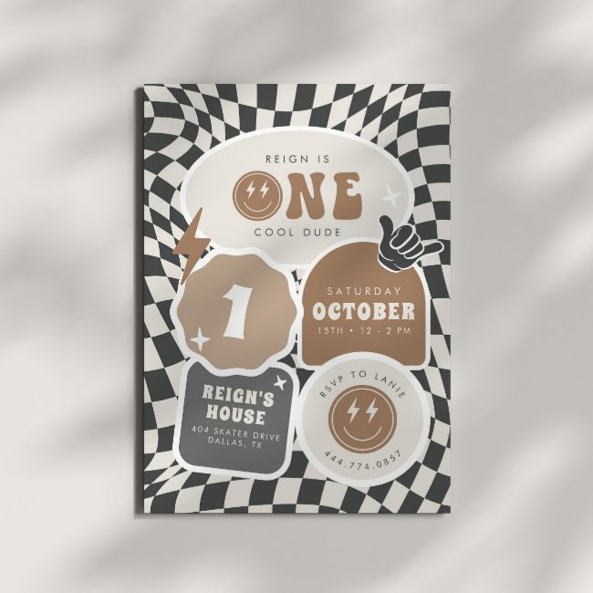 One Cool Dude | Boys 1st Retro Skater Birthday Invitation