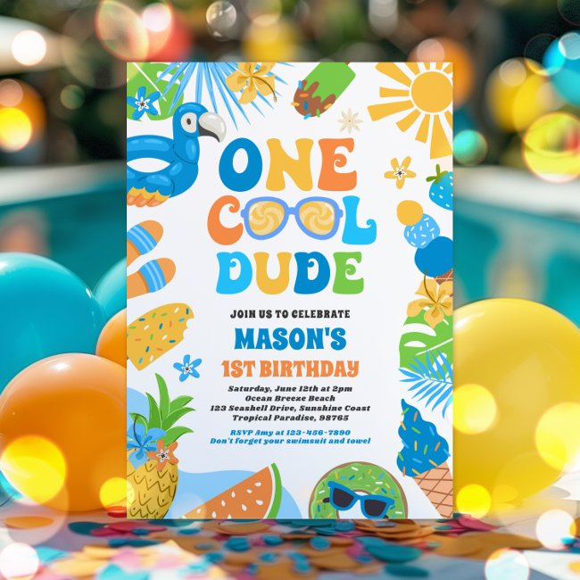 One Cool Dude Tropical Summer 1st Birthday Party Invitation
