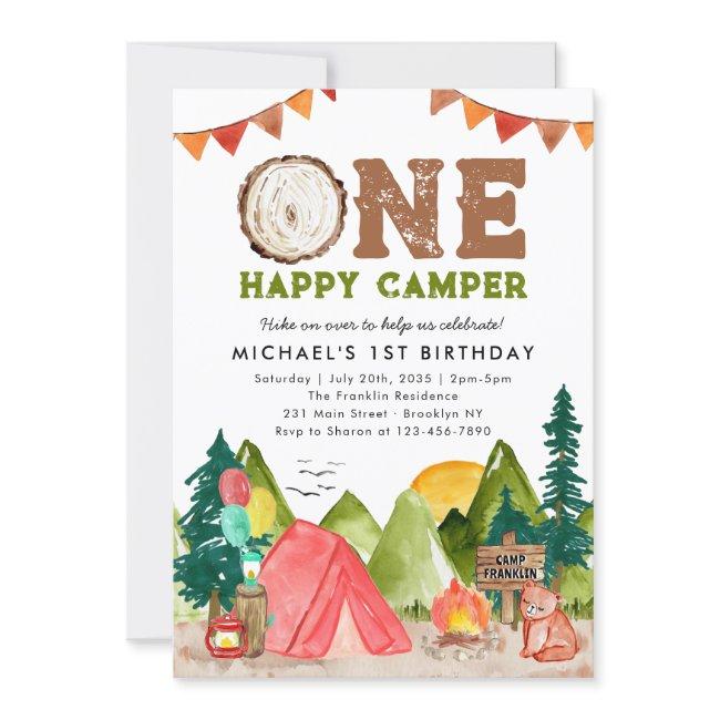 One Happy Camper Woodland Bear Boys 1st Birthday Invitation
